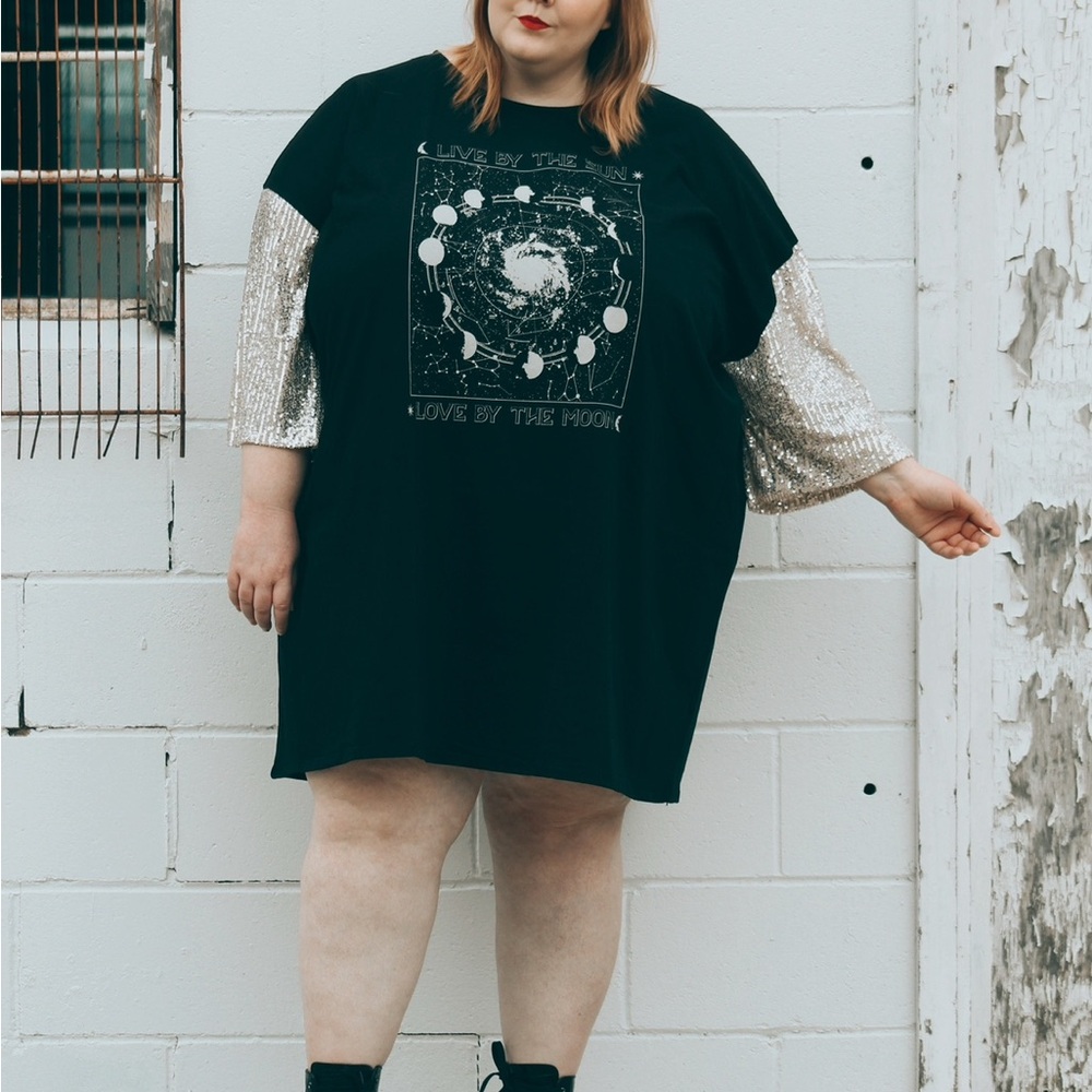 Black Graphic T-Shirt Dress with Silver Sequin Sleeves